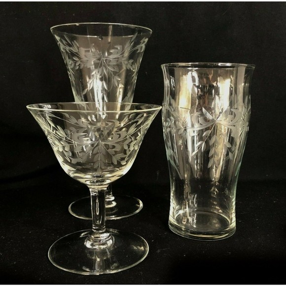 Antique Cut & Etched Crystal 20 Pcs. Water Wine Champagne  Antique Cut & Etched Crystal 20 Pcs. Water Wine Champagne Glasses Vintage